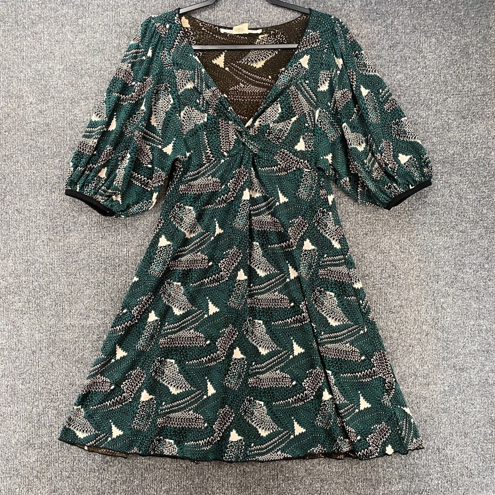 Max Studio Dress Womens M Green Print Babydoll V-Neck Boho Cottagecore Feminine